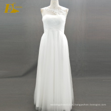 ED Bridal Hot Selling sem mangas Ver através de volta White Tulle Lace Appliqued Wedding Dress nupcial